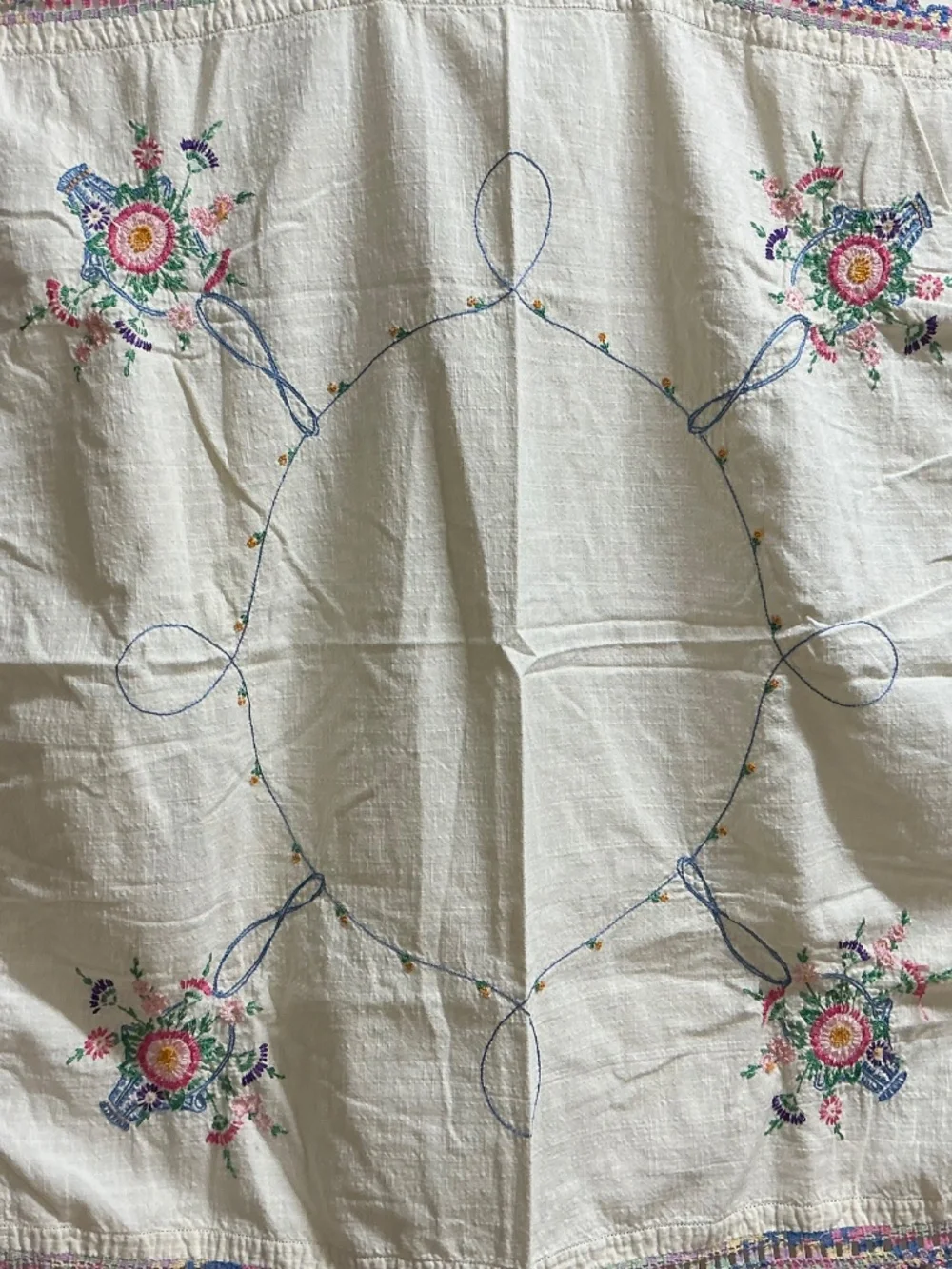 Vintage Hand Embroidered Table Cloth Crochet Edge